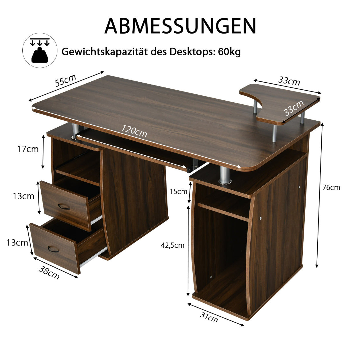 LIVSK Computertafel met Printerschap - Toetsenbordlade - Robuust MDF - Eenvoudig te Monteren - 120 x 55 x 85 cm - Bruin