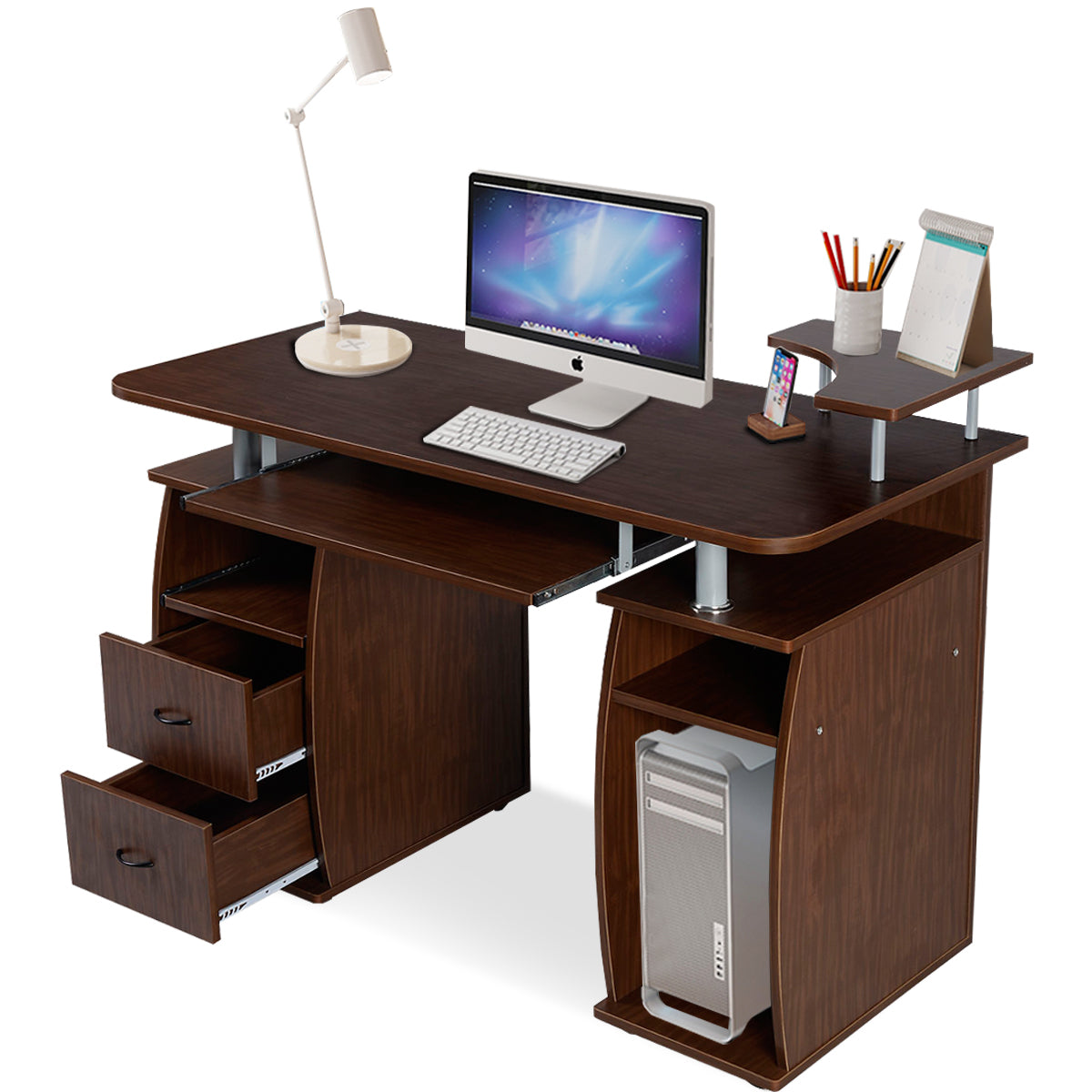 LIVSK Computertafel met Printerschap - Toetsenbordlade - Robuust MDF - Eenvoudig te Monteren - 120 x 55 x 85 cm - Bruin