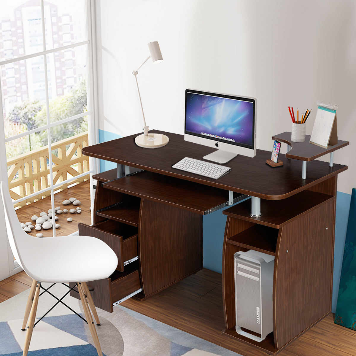 LIVSK Computertafel met Printerschap - Toetsenbordlade - Robuust MDF - Eenvoudig te Monteren - 120 x 55 x 85 cm - Bruin