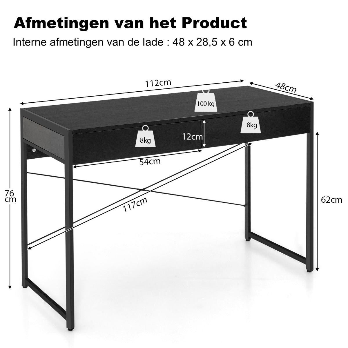 LIVSK Kantoortafel - Hoogwaardig Hout - Stalen Frame - 2 Grote Lades - In hoogte verstelbaar - 112 x 48 x 76 cm - Zwart