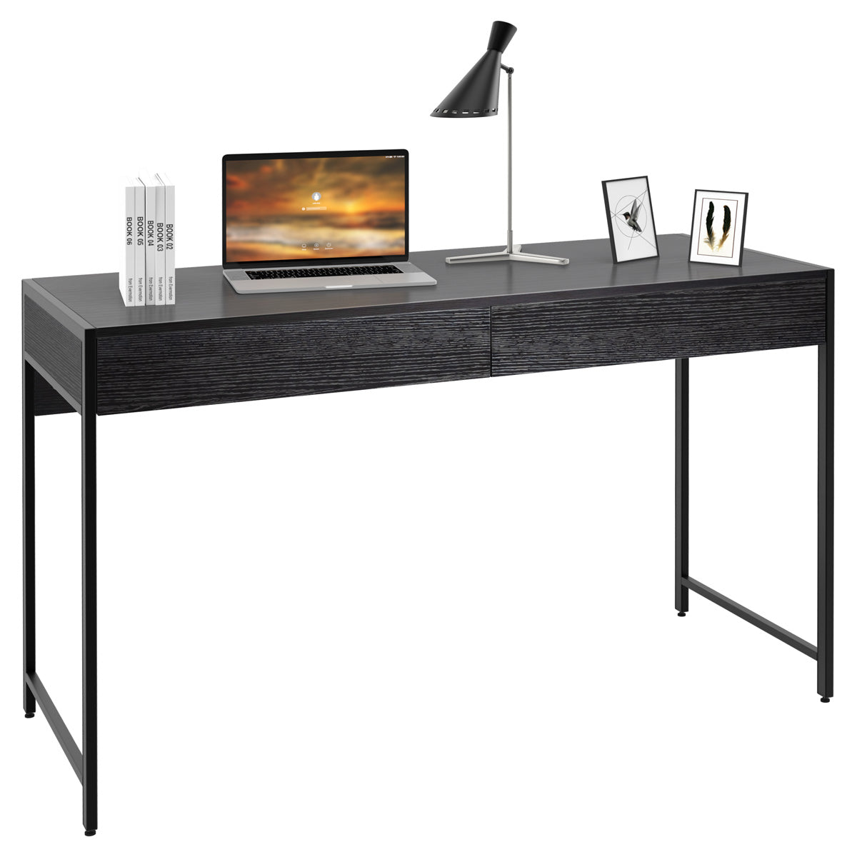 LIVSK Kantoortafel - Hoogwaardig Hout - Stalen Frame - 2 Grote Lades - In hoogte verstelbaar - 112 x 48 x 76 cm - Zwart