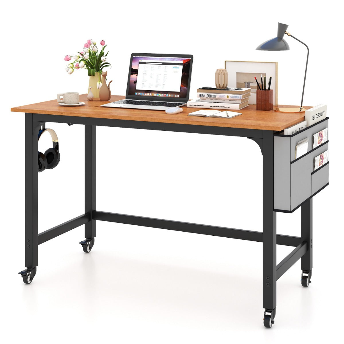 LIVSK Mobiele Schrijftafel - Ruim Tafelblad - Omkeerbare Tas - Handige Haken - Verrijdbaar - 120 x 60 x 75 cm - Teak