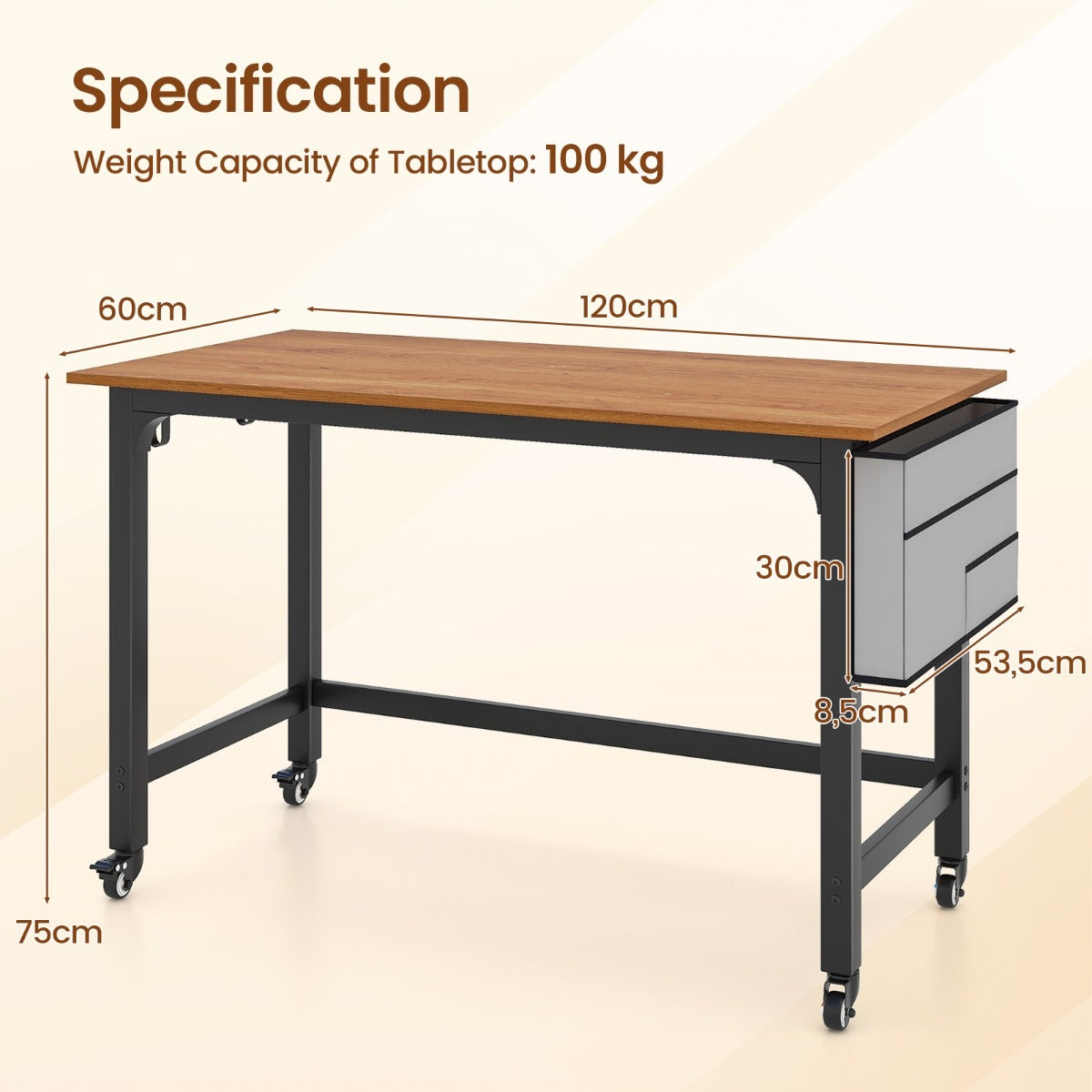 LIVSK Mobiele Schrijftafel - Ruim Tafelblad - Omkeerbare Tas - Handige Haken - Verrijdbaar - 120 x 60 x 75 cm - Teak