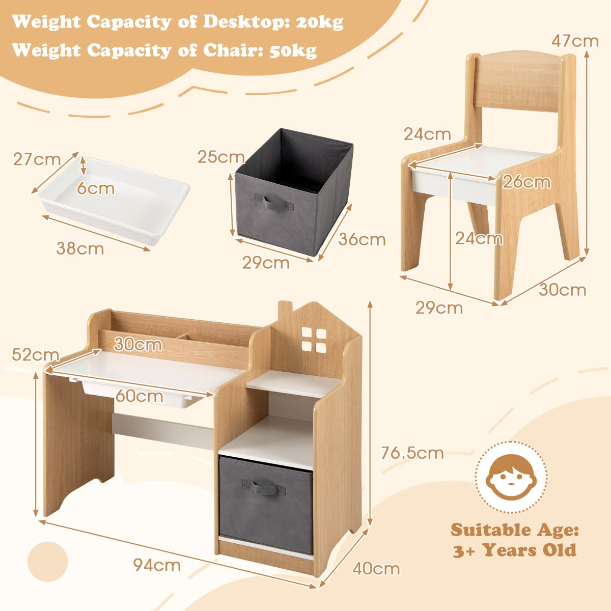 Livsk costway bureau en stoelenset voor kinderen kinderstudietafel met open vakken lade en stoffen opbergbak kindermeubilair voor kinderkamer 2