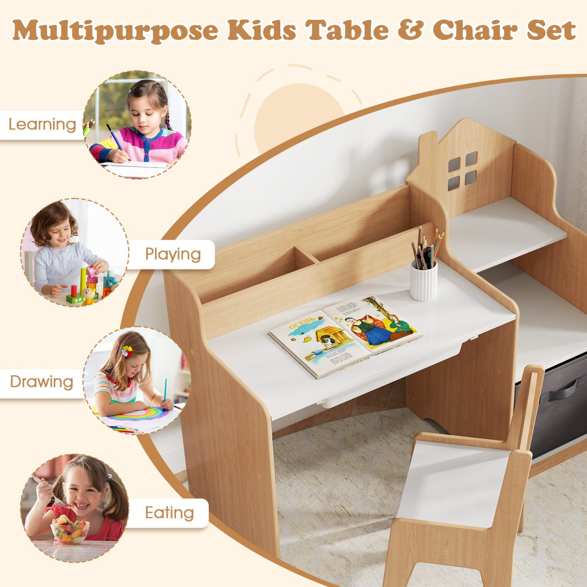Livsk costway bureau en stoelenset voor kinderen kinderstudietafel met open vakken lade en stoffen opbergbak kindermeubilair voor kinderkamer 5