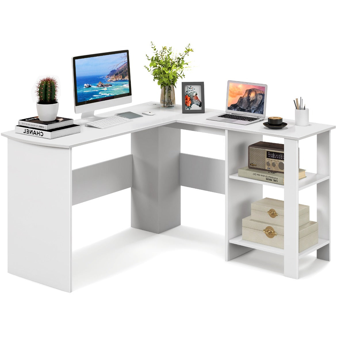 LIVSK Hoekcomputerwerkplek met Opbergvakken - Ruime Werkruimte van 130 x 130 cm - Kabeldoorvoeren - Wit