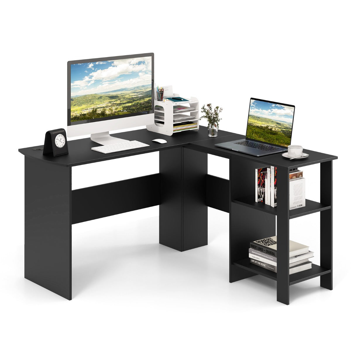 LIVSK L-vormige computertafel met opbergvakken - Ruim werkblad 130 x 130 cm - 2 kabeldoorvoeren - Verwijderbare plank - Zwart