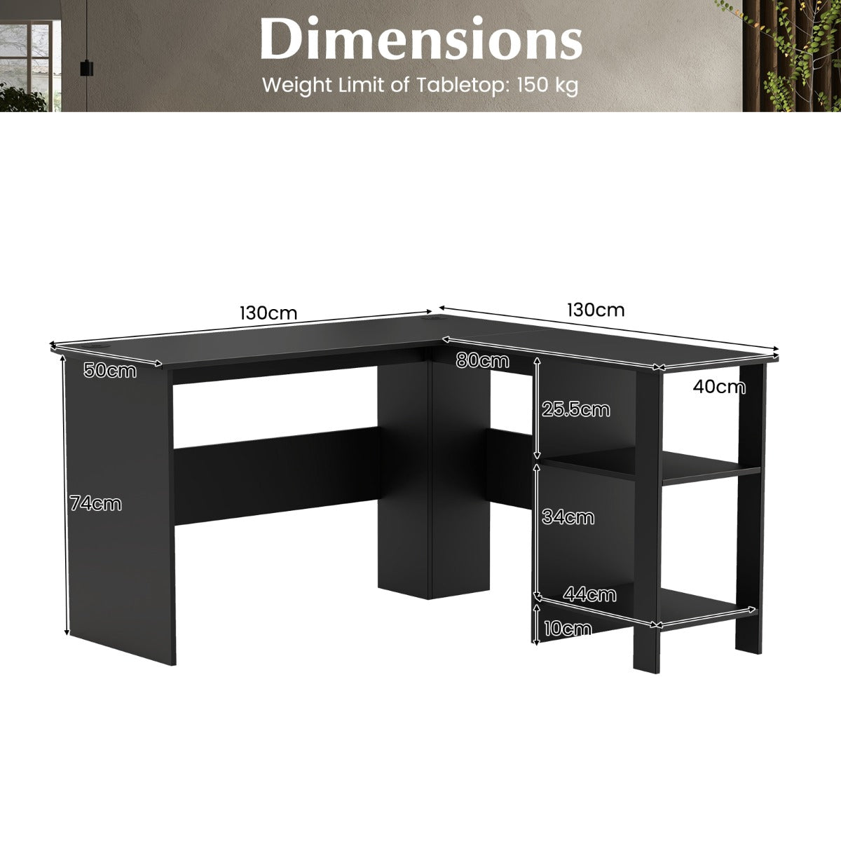 LIVSK L-vormige computertafel met opbergvakken - Ruim werkblad 130 x 130 cm - 2 kabeldoorvoeren - Verwijderbare plank - Zwart