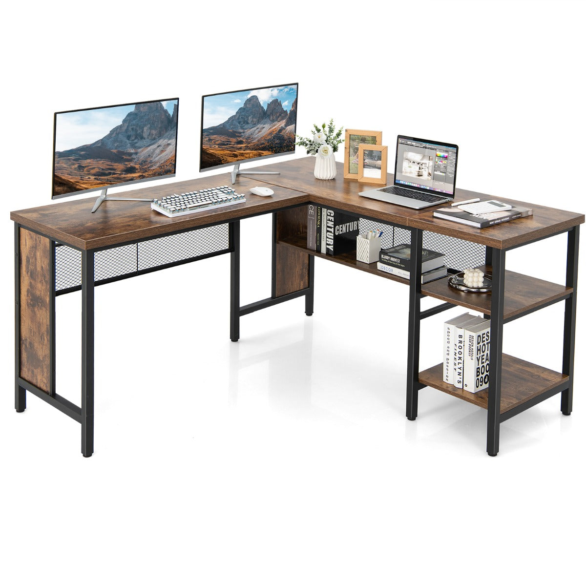 LIVSK L-vormige computertafel - Ruimtebesparend met Opbergruimte - Robuust Metaal - Eenvoudige Montage - 150 x 140 x 75 cm -