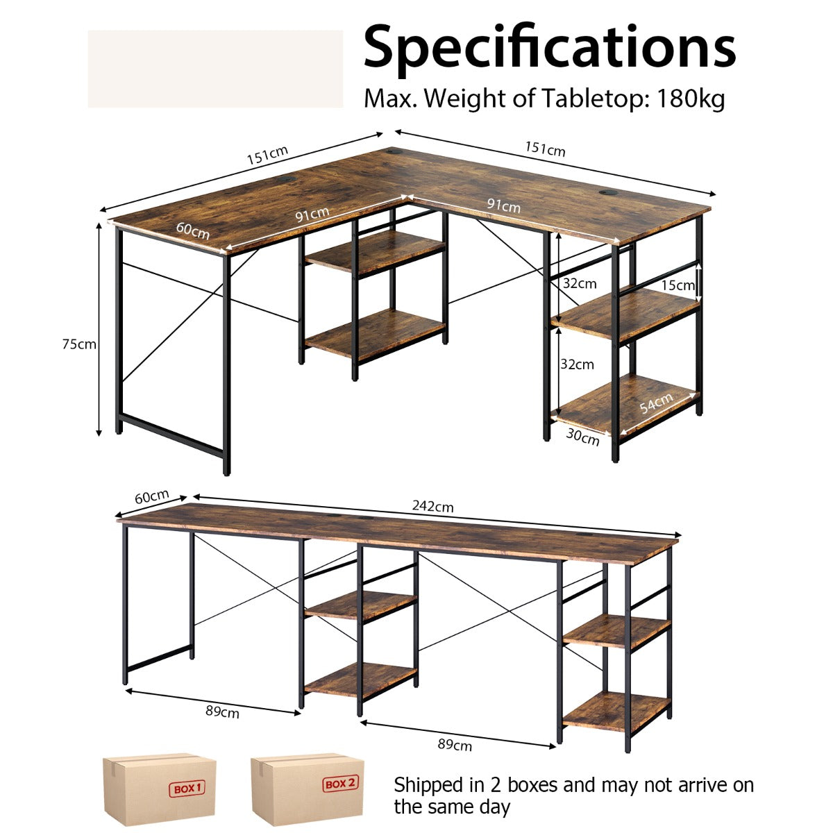 LIVSK Converteerbaar Hoekbureau - L-vormig of Lang Bureau - 4 Opberplanken - Tot 180 kg - 151 x 151 x 75 cm - Bruin