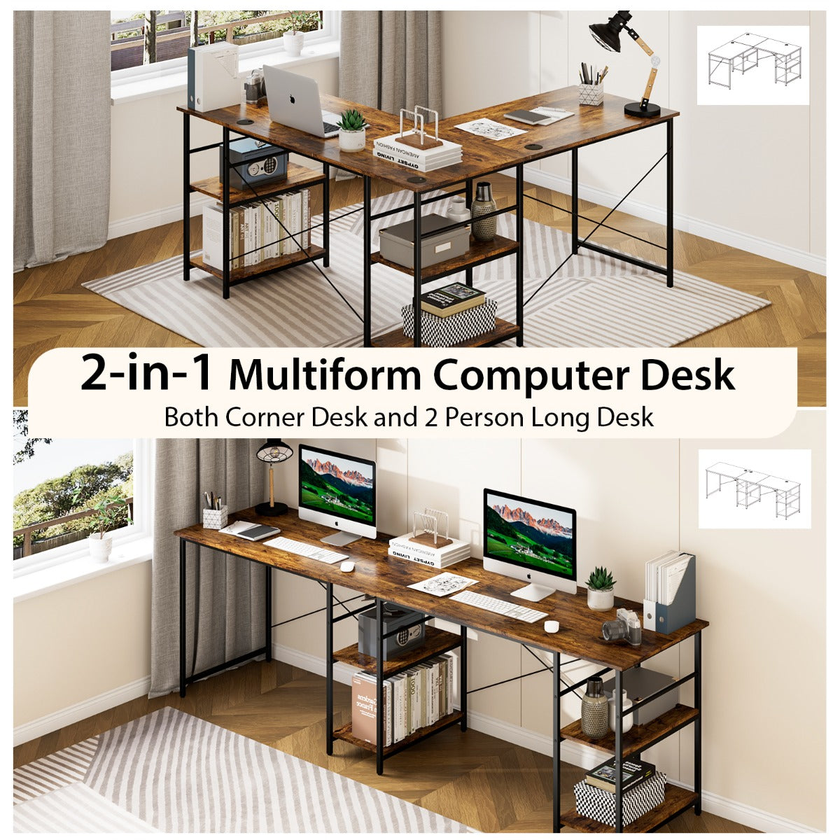 LIVSK Converteerbaar Hoekbureau - L-vormig of Lang Bureau - 4 Opberplanken - Tot 180 kg - 151 x 151 x 75 cm - Bruin