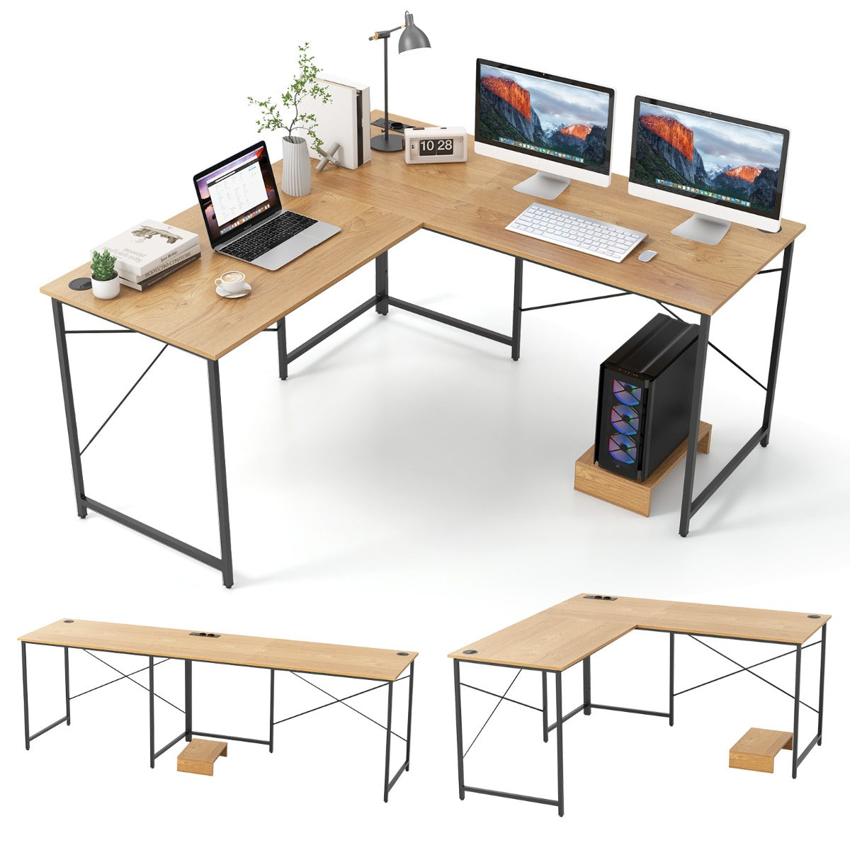 LIVSK L-vormig computerbureau - Flexibel ontwerp met ingebouwde stekkerdoos - Ruim bureaublad - Stabiel metaal - Rustiek bruin