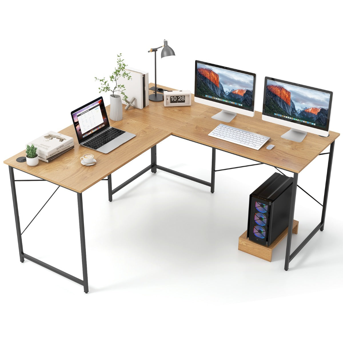 LIVSK L-vormig computerbureau - Flexibel ontwerp met ingebouwde stekkerdoos - Ruim bureaublad - Stabiel metaal - Rustiek bruin