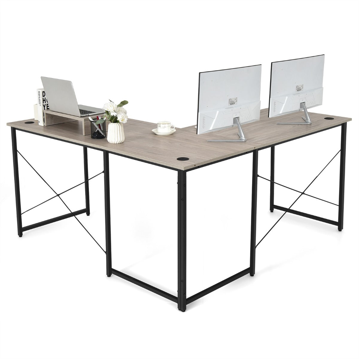 LIVSK Omkeerbaar L-vormig Computerbureau - Monitorplank - 3 Kabelgaten - Stevig Metaal - 150 x 150 x 74 cm - Lichtgrijs
