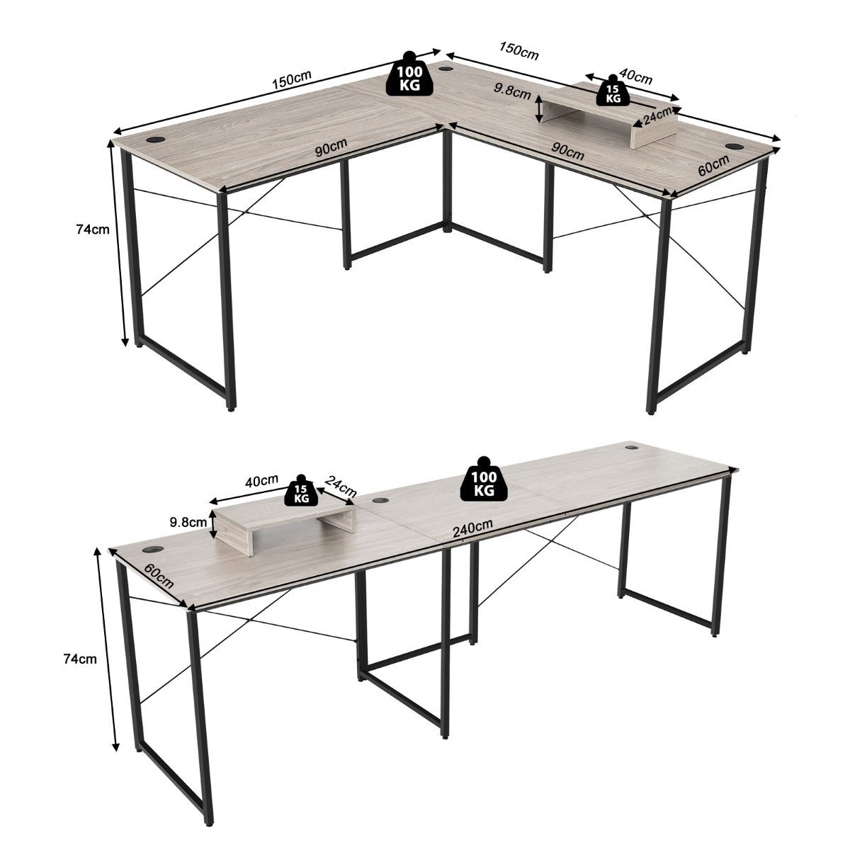 LIVSK Omkeerbaar L-vormig Computerbureau - Monitorplank - 3 Kabelgaten - Stevig Metaal - 150 x 150 x 74 cm - Lichtgrijs