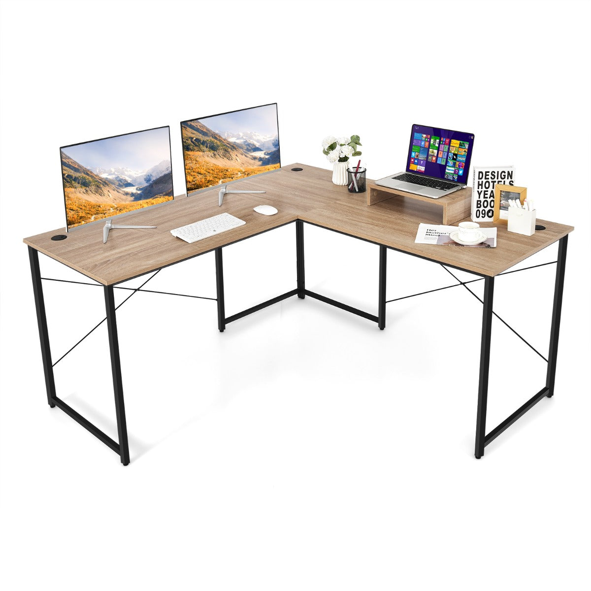 LIVSK Omkeerbaar L-vormig Bureau met Monitorplank - Verstelbare Hoogte - Robuuste Metalen Constructie - Tot 115 kg - Natuur
