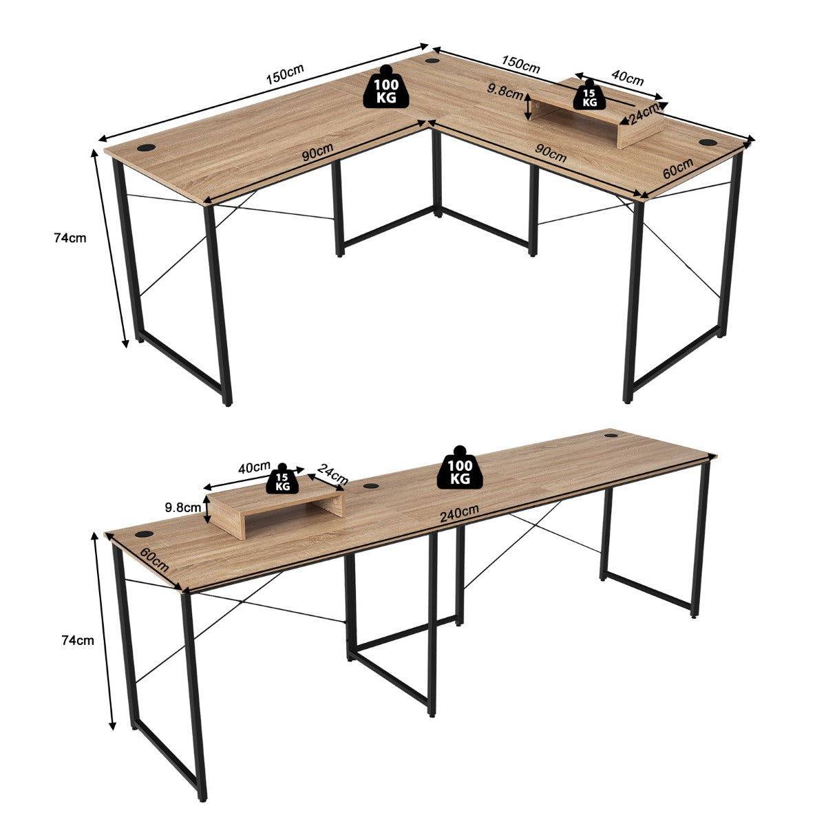 LIVSK Omkeerbaar L-vormig Bureau met Monitorplank - Verstelbare Hoogte - Robuuste Metalen Constructie - Tot 115 kg - Natuur
