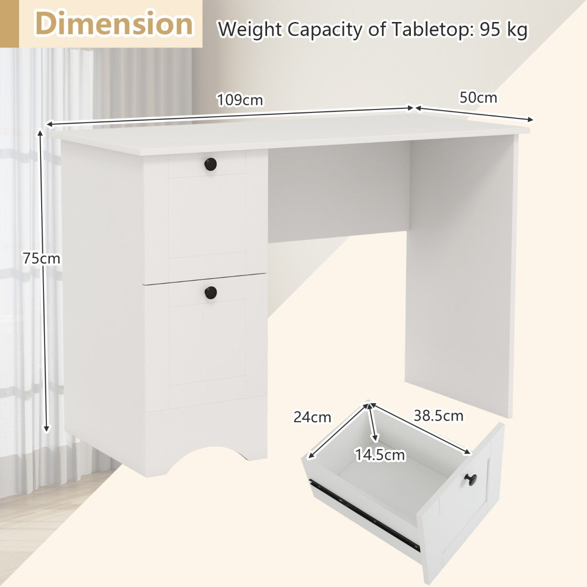 LIVSK Computertafel met 2 Laden - Ruim Werkoppervlak - Duurzaam en Stabiel Design - Multifunctioneel - 109 x 50 x 75 cm - Rustiek