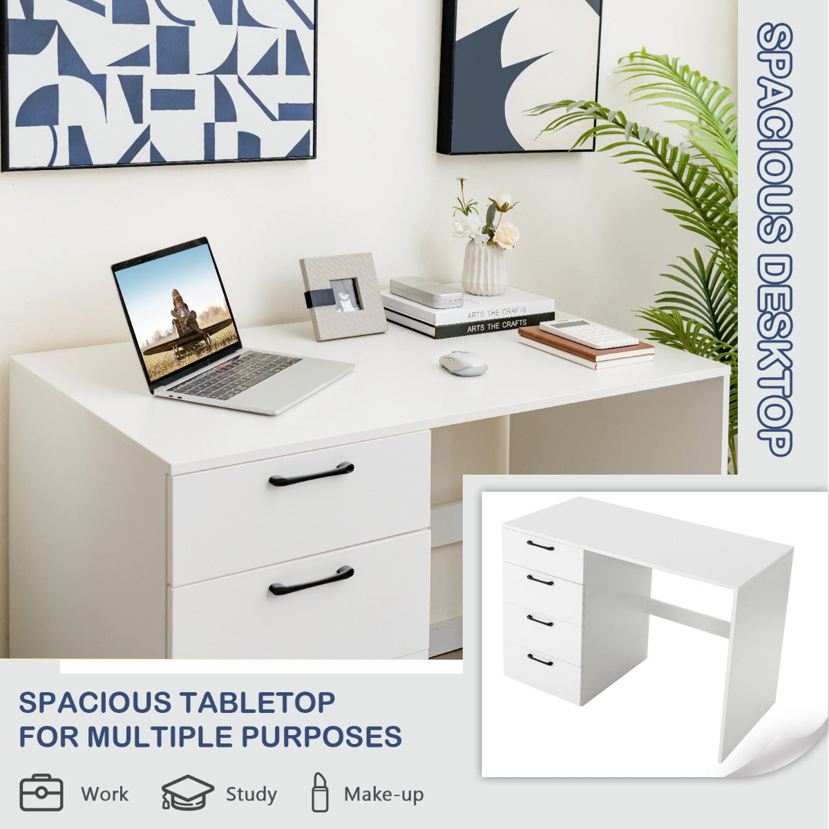 LIVSK Moderne Computertafel met 4 Laden - Ruim Tafelblad 110 x 60 cm - Duurzaam en Stabiel - Wit