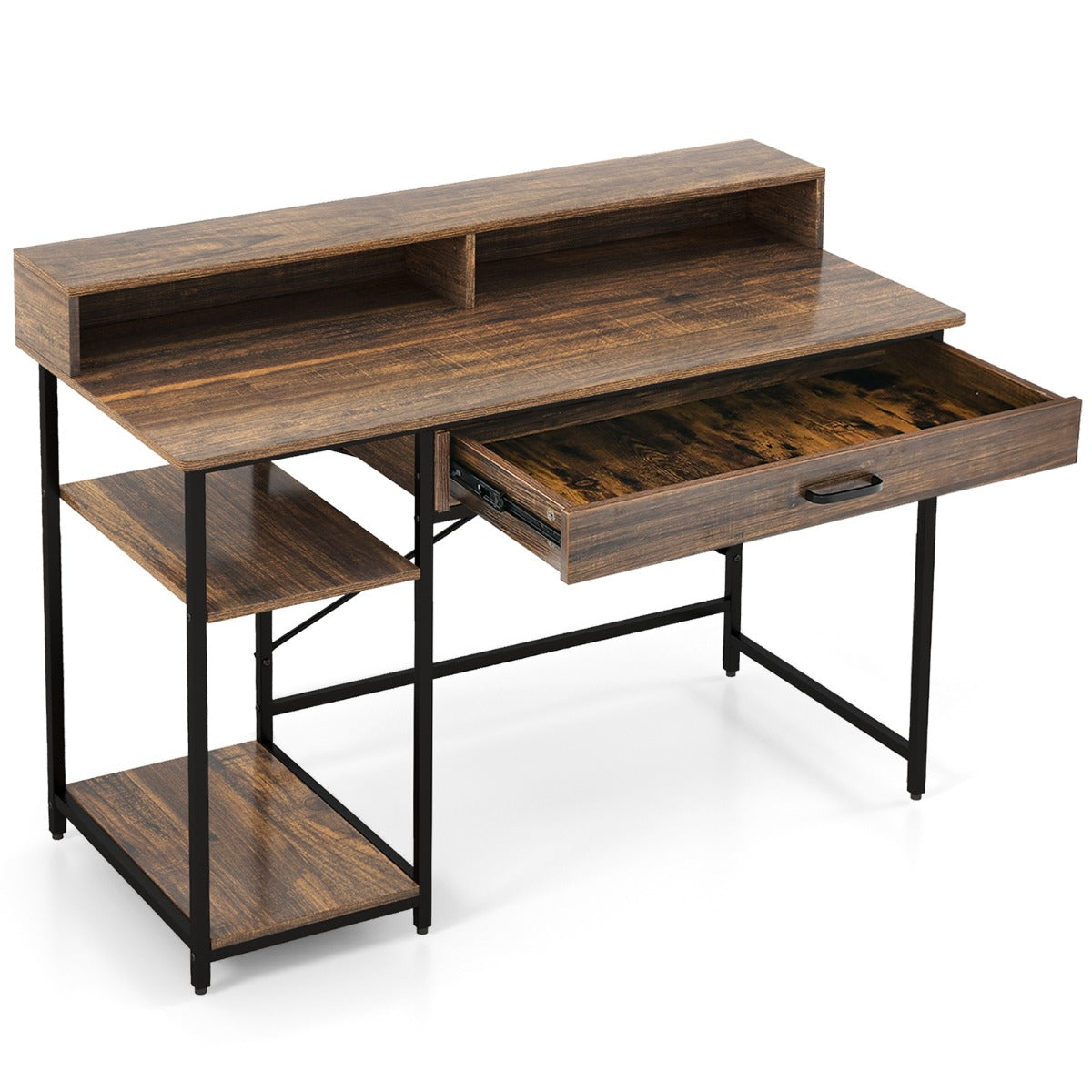 LIVSK Computertafel met Ergonomische Monitorstandaard - Opberglade - 2 Planken - Stabiel Metaal - 120 x 56 x 90,5 cm - Rustiek