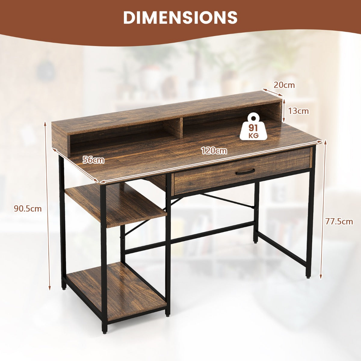 LIVSK Computertafel met Ergonomische Monitorstandaard - Opberglade - 2 Planken - Stabiel Metaal - 120 x 56 x 90,5 cm - Rustiek