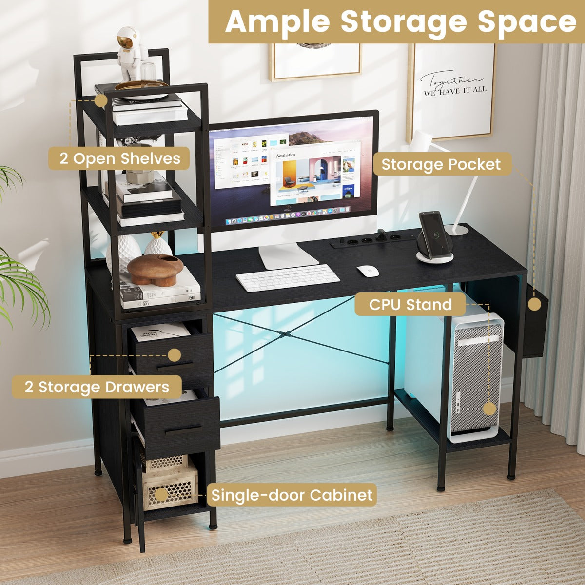 LIVSK Bureau met Aanpasbare LED-verlichting - Multifunctioneel Oplaadstation met 4 Stopcontacten en 2 USB-poorten - Zwart