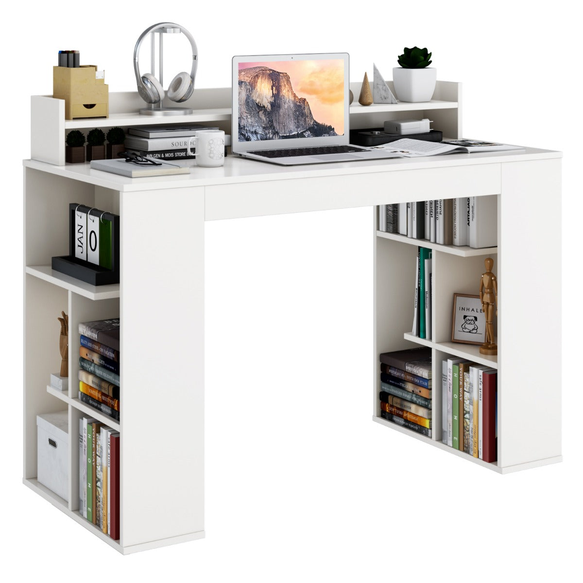 LIVSK Computertafel met Monitorplank en 2 Boekenplanken - Ergonomisch Design - Ruimte voor 2 Computers - 120 x 54 x 90 cm - Wit