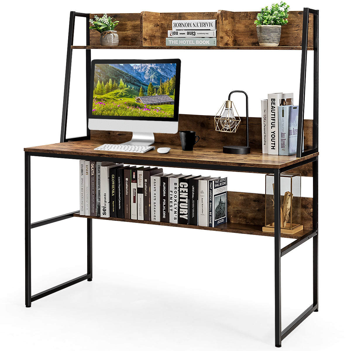 LIVSK Bureau met Boekenkast - Ruimtebesparend en Praktisch - Duurzaam Metalen Frame - 120 x 55 cm - Koffie