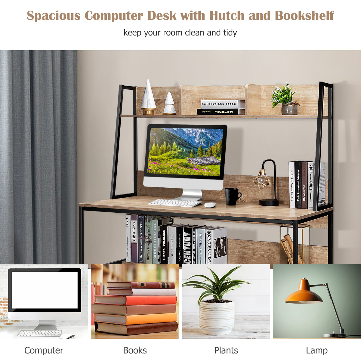 LIVSK Verstelbare Computertafel met Boekenkast - Ruimtebesparend - Stabiel Metalen Frame - 120 x 57 x 140 cm - Natuurlijke