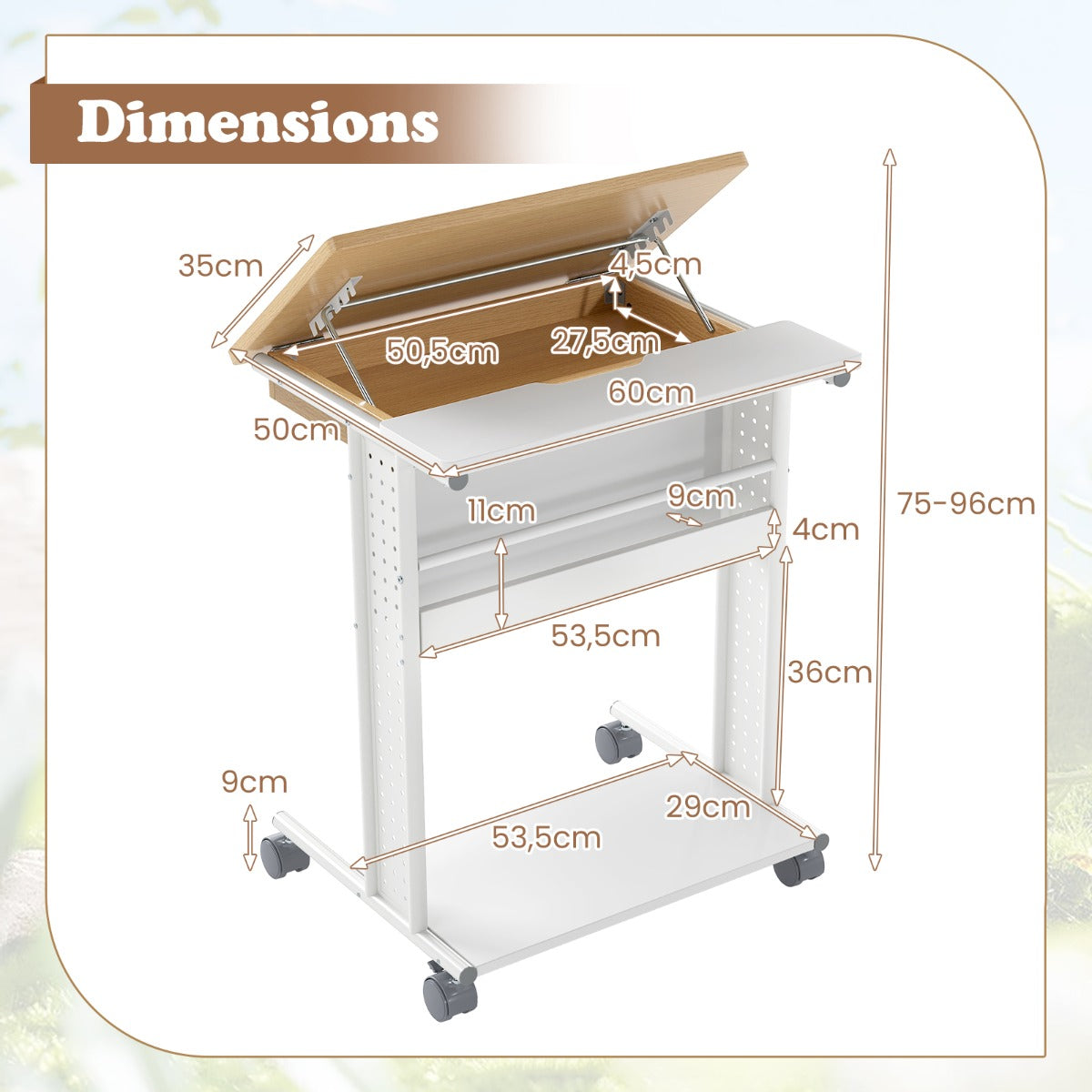 LIVSK Rollend Laptopbureau - 6-traps Verstelbaar Tafelblad - Wielen - Verborgen Vak - C-vormig Ontwerp - Wit & Natuurlijk