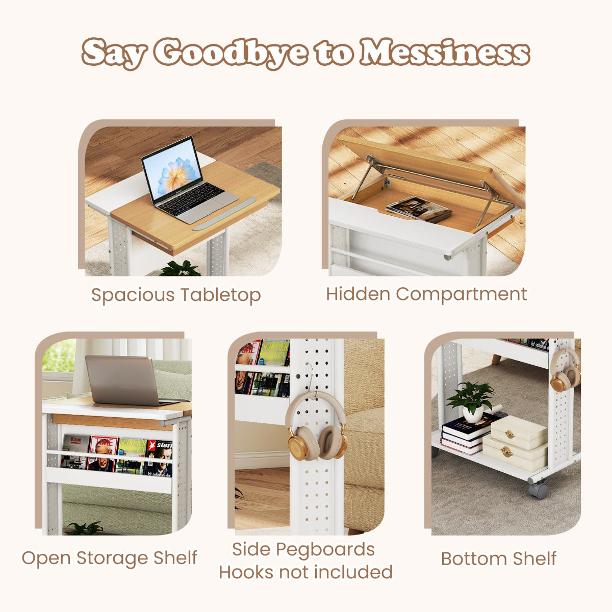 LIVSK Rollend Laptopbureau - 6-traps Verstelbaar Tafelblad - Wielen - Verborgen Vak - C-vormig Ontwerp - Wit & Natuurlijk