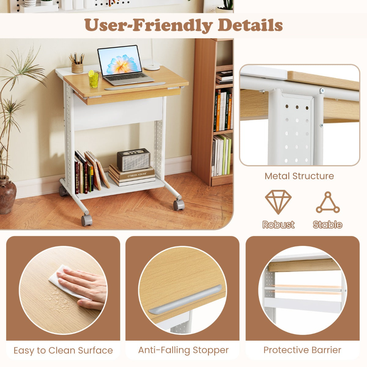 LIVSK Rollend Laptopbureau - 6-traps Verstelbaar Tafelblad - Wielen - Verborgen Vak - C-vormig Ontwerp - Wit & Natuurlijk