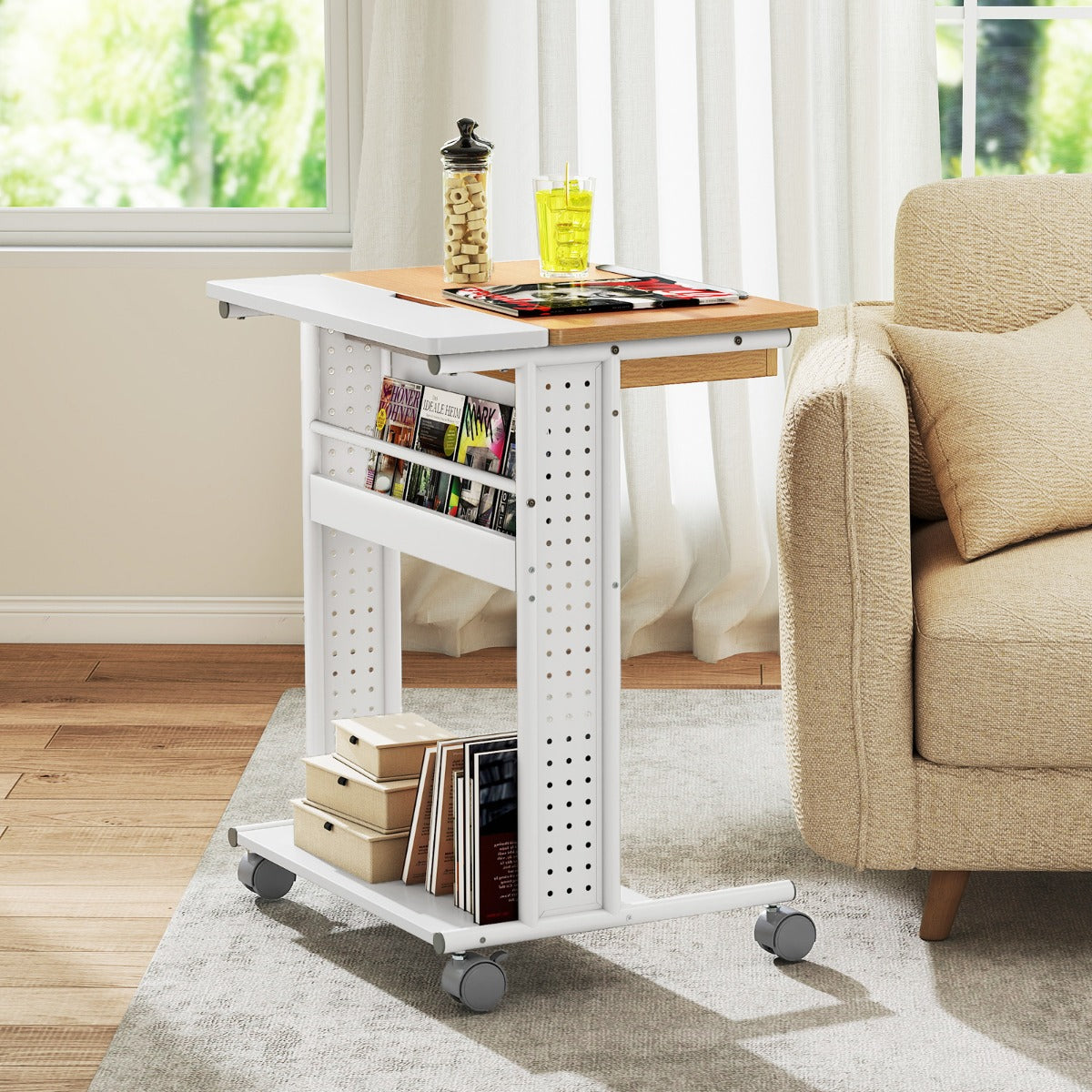 LIVSK Rollend Laptopbureau - 6-traps Verstelbaar Tafelblad - Wielen - Verborgen Vak - C-vormig Ontwerp - Wit & Natuurlijk