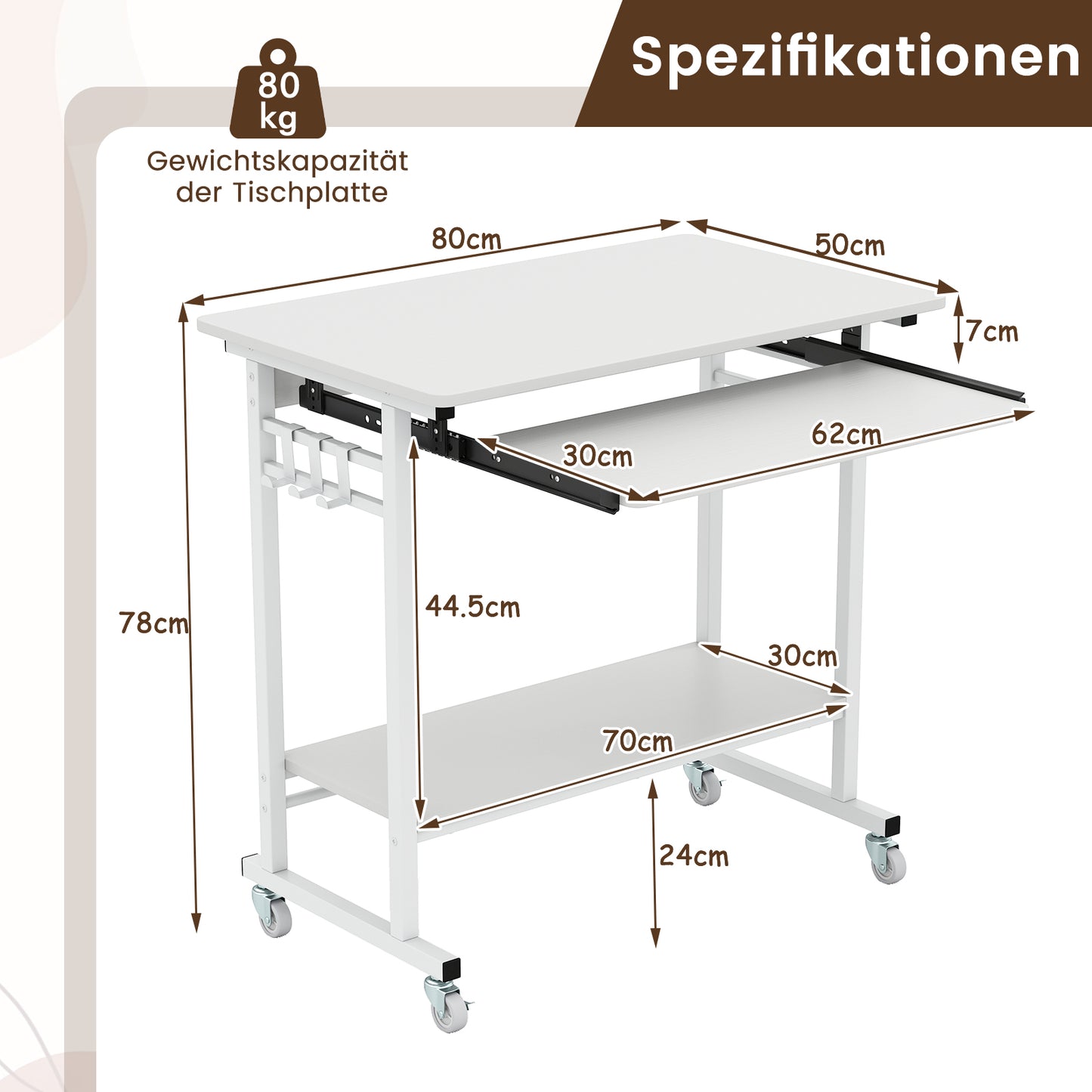 LIVSK Mobiele Computertafel - Compact met Uitschuifbare Toetsenbordlade - 4 Wielen - Opbergruimte - 80 x 50 x 78 cm - Wit