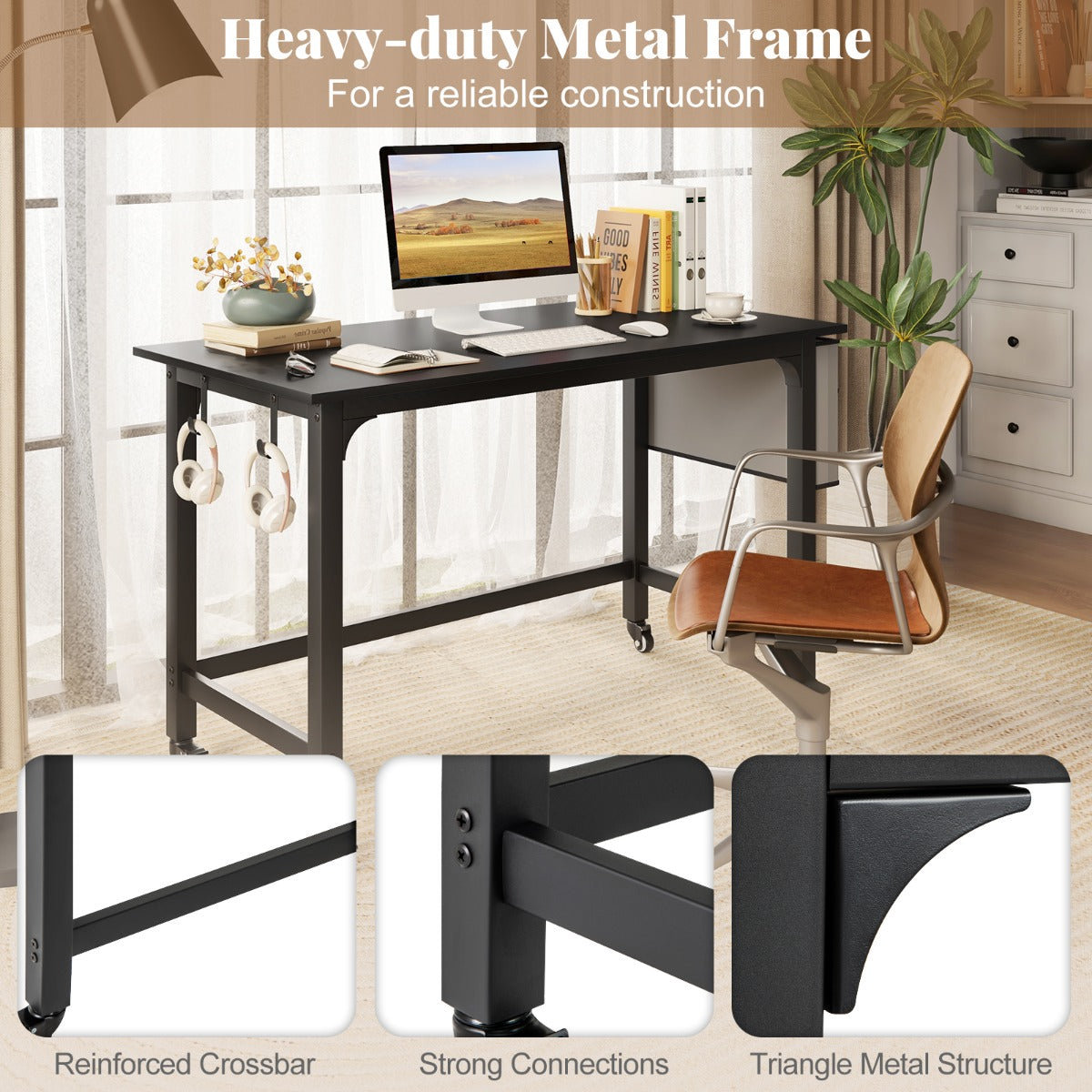 LIVSK Computertafel met Wieltjes - Ruim Tafelblad 120 x 60 cm - Opbergruimte en Koptelefoonhaak - Robuust Metalen Frame - Zwart