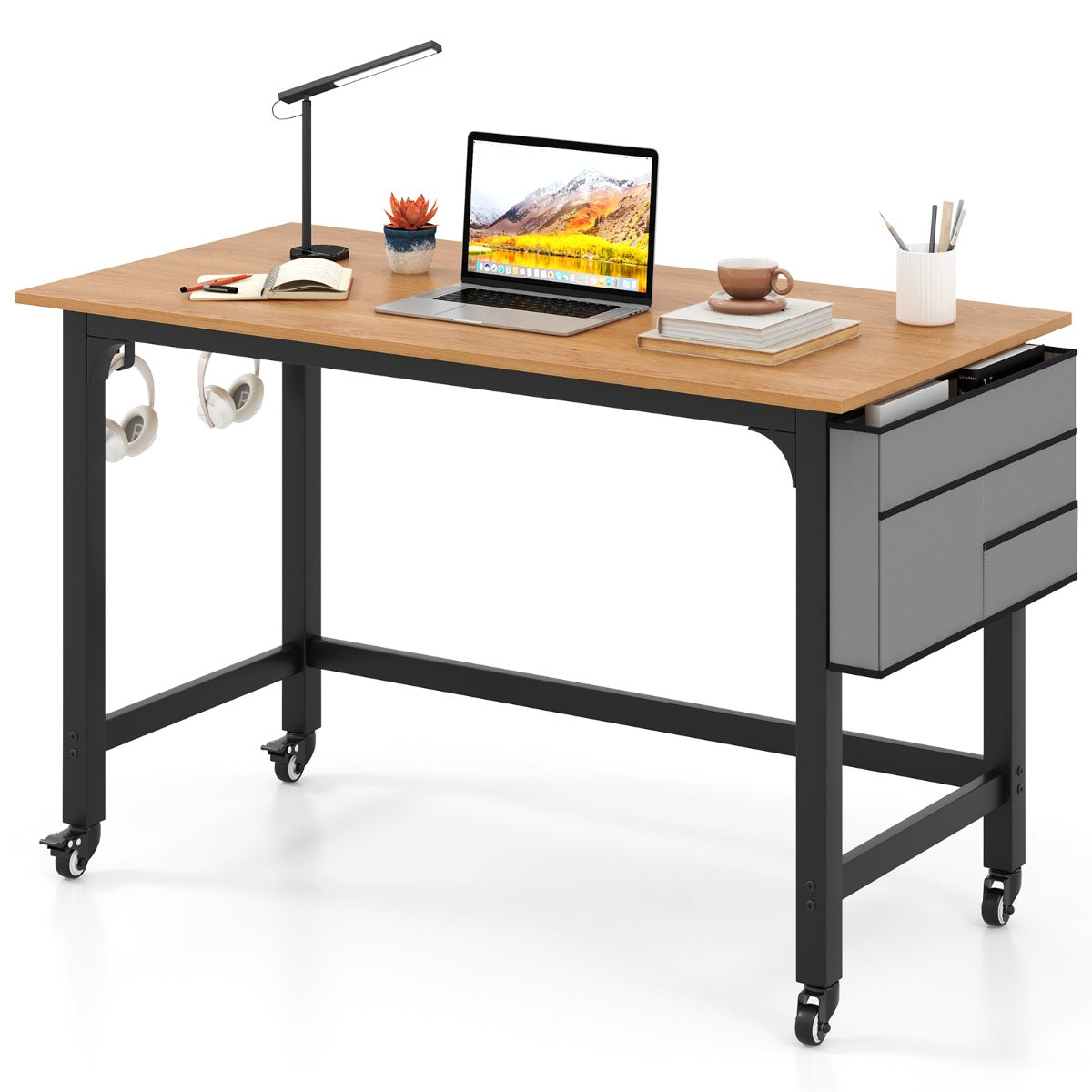 LIVSK Computertafel - Ruim Tafelblad - Afneembare Zak en Haken - 4 Zwenkwielen - Stevig Metalen Frame - 120 x 60 x 75 cm - Natuur