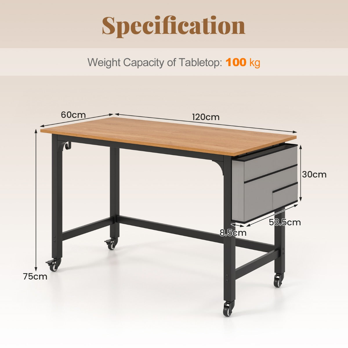 LIVSK Computertafel - Ruim Tafelblad - Afneembare Zak en Haken - 4 Zwenkwielen - Stevig Metalen Frame - 120 x 60 x 75 cm - Natuur