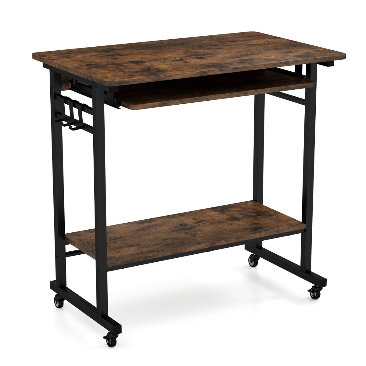LIVSK Mobiele Computertafel - Compact met Uittrekbare Toetsenbordplank - 4 Wieltjes - Onderste Legplank - Vintage bruin
