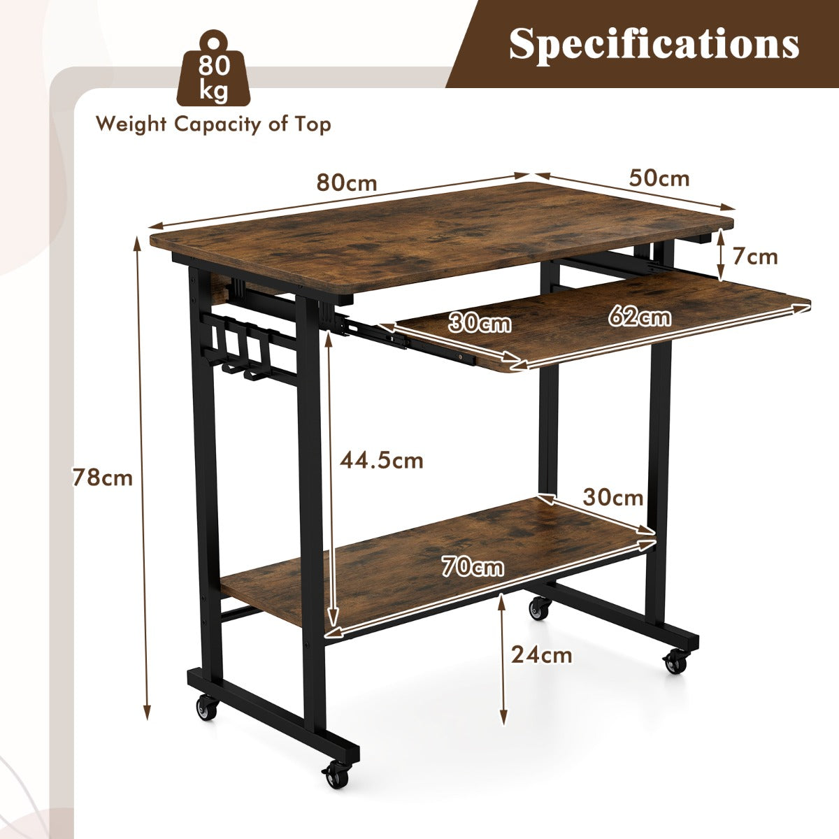 LIVSK Mobiele Computertafel - Compact met Uittrekbare Toetsenbordplank - 4 Wieltjes - Onderste Legplank - Vintage bruin