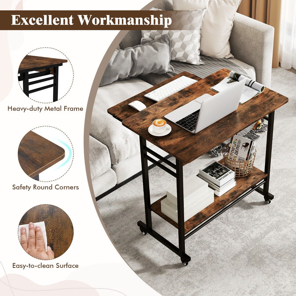 LIVSK Mobiele Computertafel - Compact met Uittrekbare Toetsenbordplank - 4 Wieltjes - Onderste Legplank - Vintage bruin