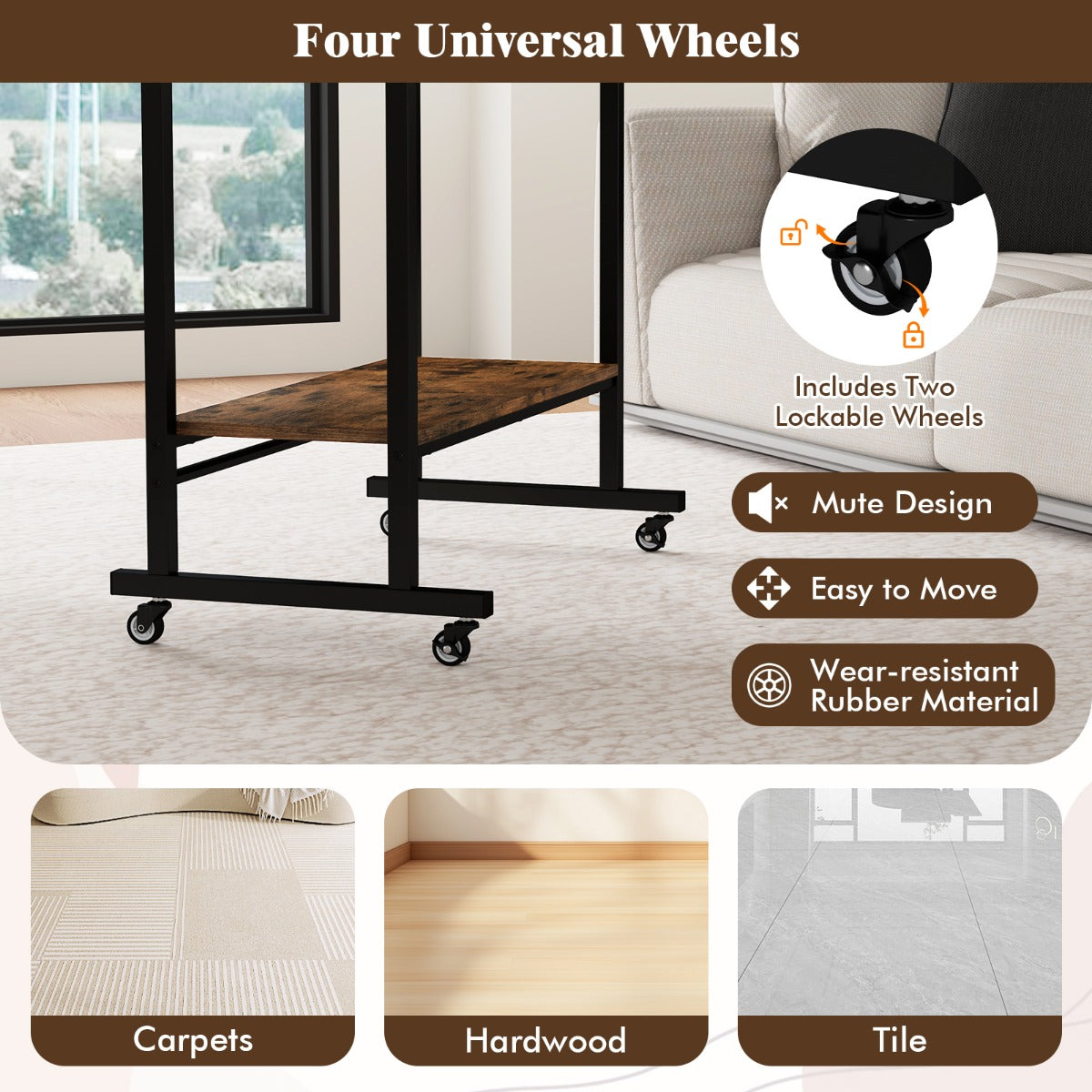 LIVSK Mobiele Computertafel - Compact met Uittrekbare Toetsenbordplank - 4 Wieltjes - Onderste Legplank - Vintage bruin
