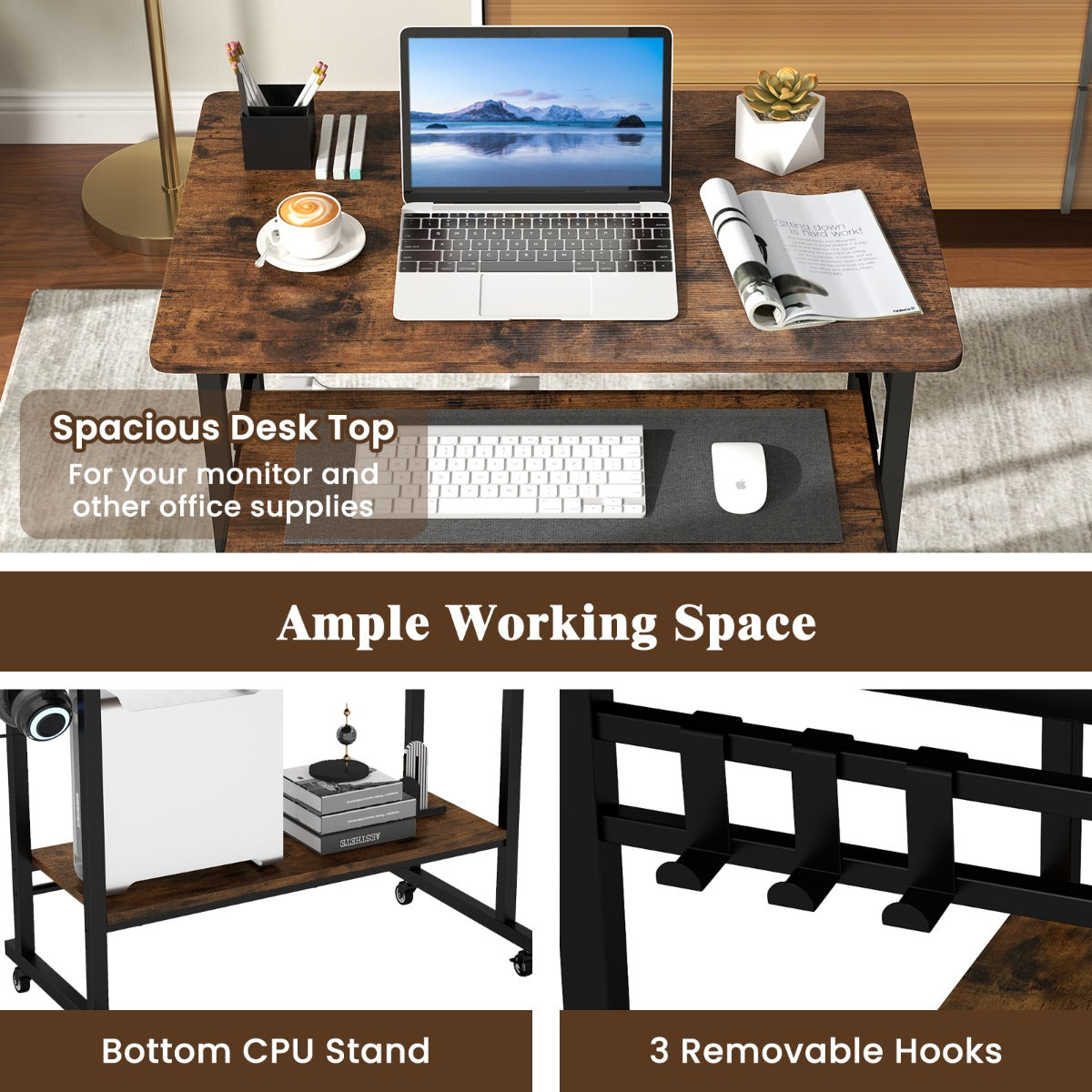 LIVSK Mobiele Computertafel - Compact met Uittrekbare Toetsenbordplank - 4 Wieltjes - Onderste Legplank - Vintage bruin