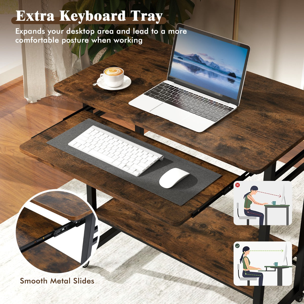 LIVSK Mobiele Computertafel - Compact met Uittrekbare Toetsenbordplank - 4 Wieltjes - Onderste Legplank - Vintage bruin