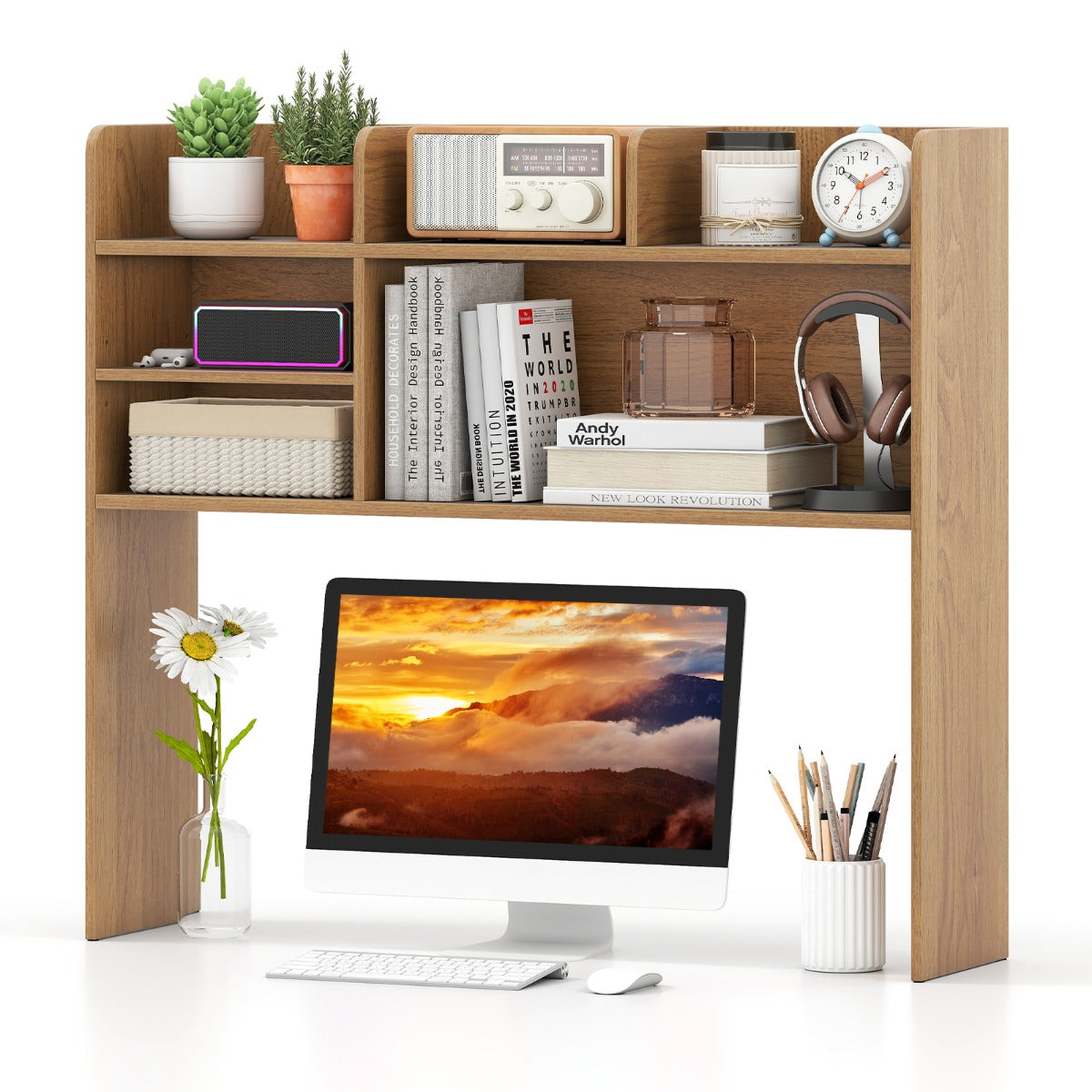 LIVSK Bureauplank met 3 Planken - Monitorvriendelijk tot 32 inch - Verstelbare Plank - Stabiele Constructie - Natuur