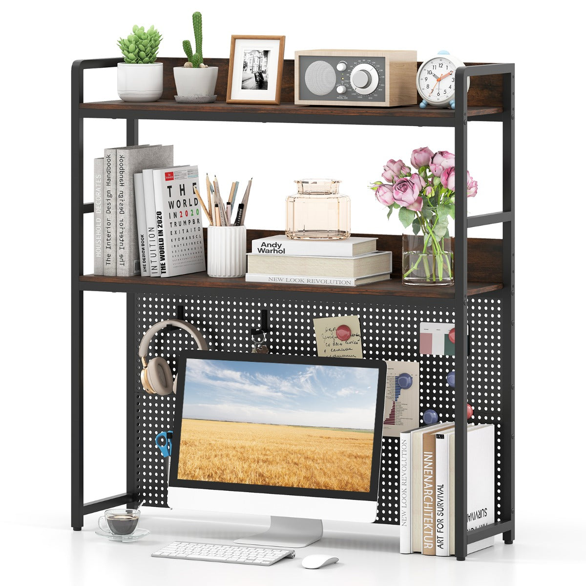 LIVSK 2-laags Desktopplank - Metalen Frame - Perforatiewand - Draagvermogen 50 kg - Rustiek bruin & zwart