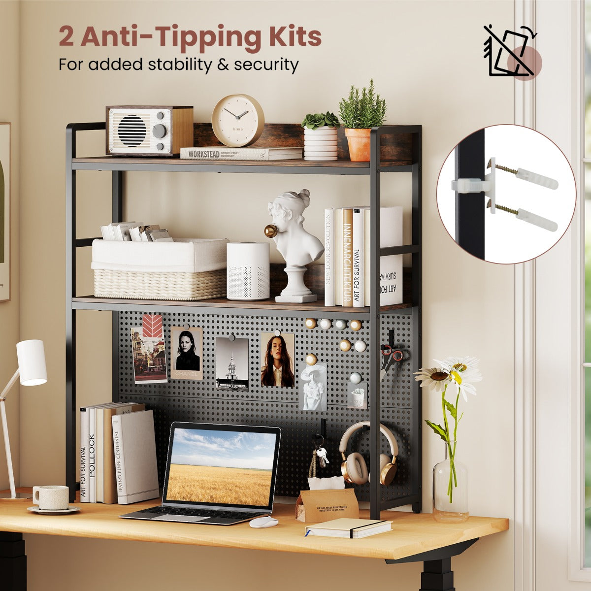 LIVSK 2-laags Desktopplank - Metalen Frame - Perforatiewand - Draagvermogen 50 kg - Rustiek bruin & zwart