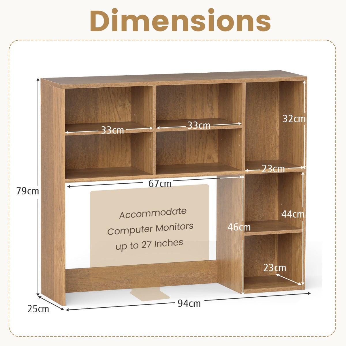 LIVSK Bureau-organizer voor Monitoren tot 27" - 3 Verstelbare Planken - Tot 120 kg - 94 x 25 x 79 cm - Natuurlijk