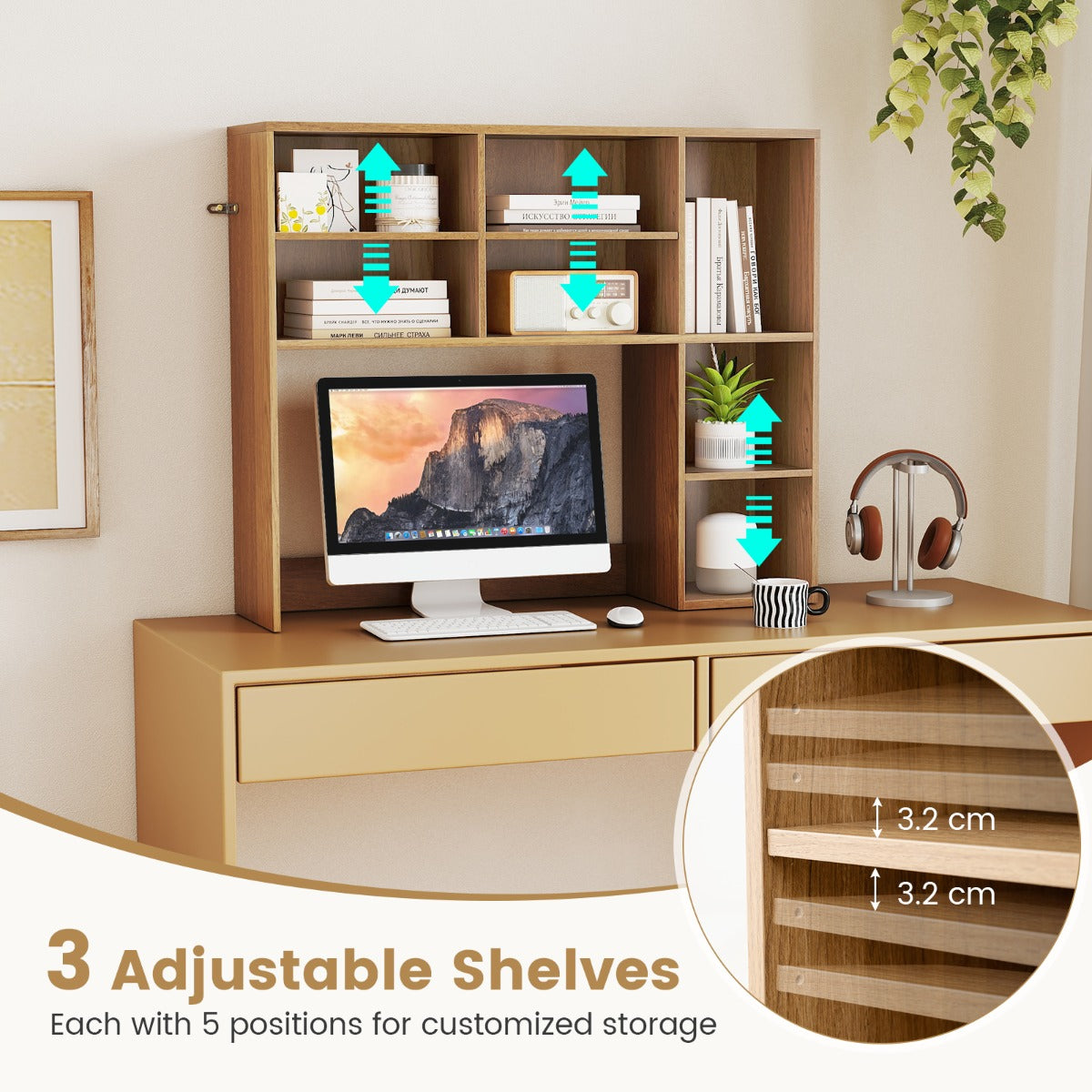 LIVSK Bureau-organizer voor Monitoren tot 27" - 3 Verstelbare Planken - Tot 120 kg - 94 x 25 x 79 cm - Natuurlijk
