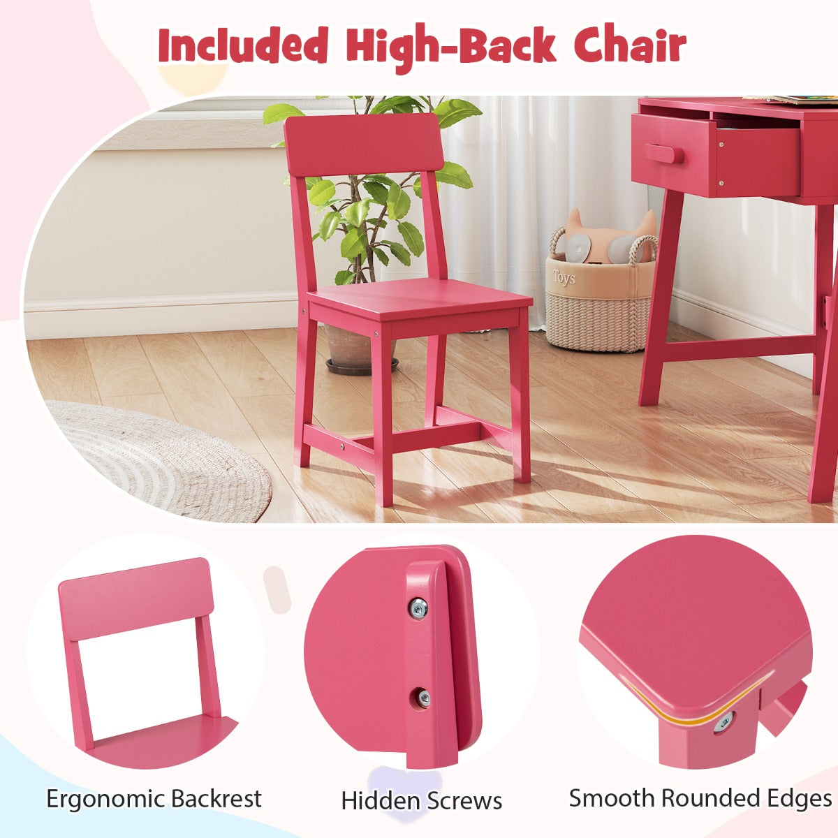 LIVSK Bureauset voor Kinderen met Stoel - Ruim Tafelblad met Lade en Plank - Ergonomische Rugleuning - Veilig Ontwerp - 85 x 48 x