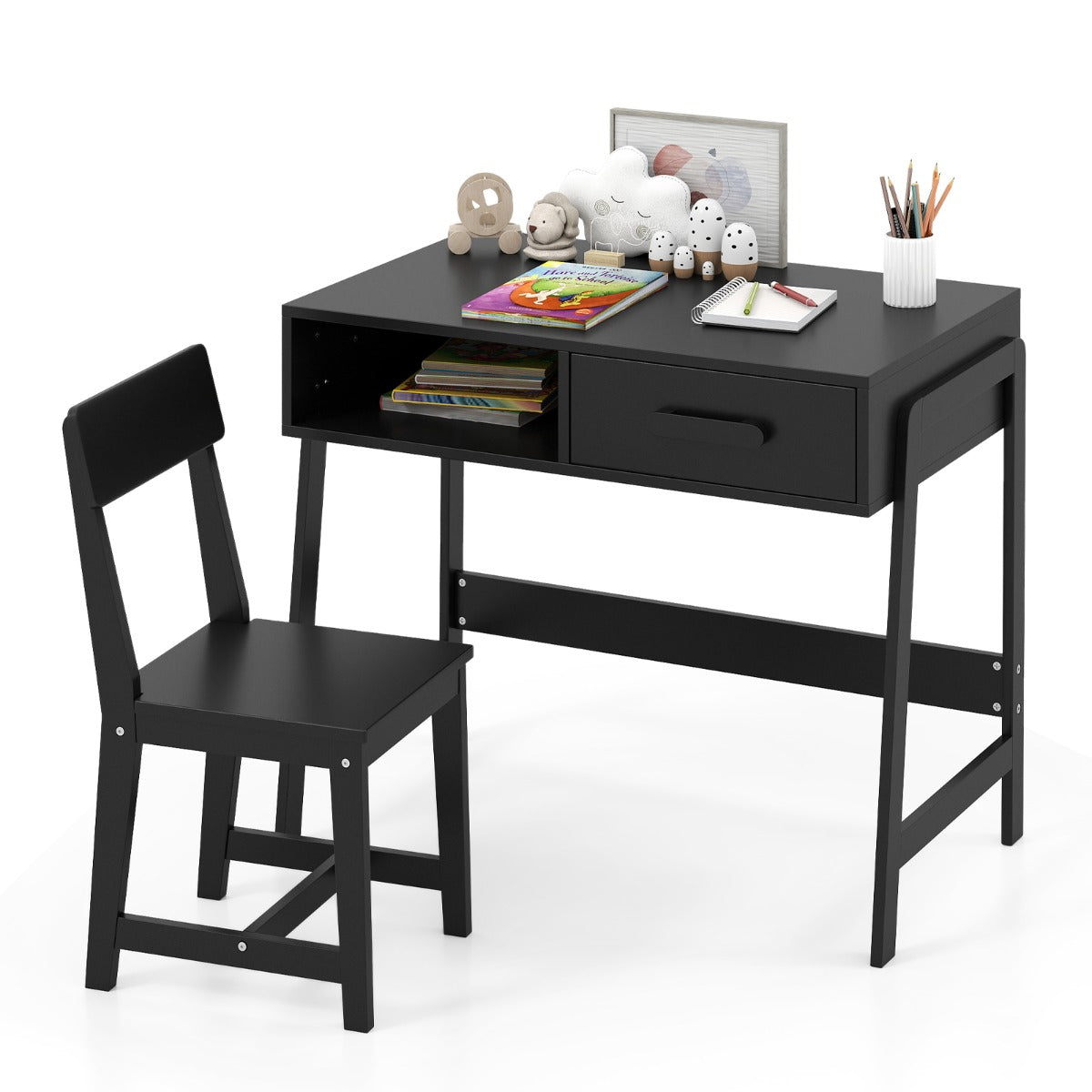 LIVSK Kinderbureau-set met Ergonomische Stoel - Ruim Bureau met Plank en Lade - Veiligheidsontwerp - Massief Hout - Zwart
